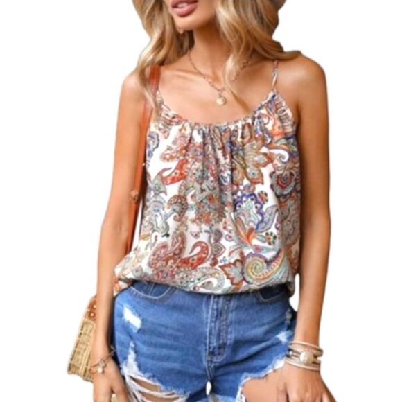OYOANGLE Women's Paisley Print Spaghetti strap Sleeveless Bo-Hoo Summer Tank - Picture 1 of 16